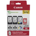 Canon pachet cartuse cearneala PG-545XL X2 /CL-546XL MULTIPACK, capacitate negru: 2 X 400 pagini/13ml, Color: 300 pagini / 15ml, Compatibil cu: PIXMA 2550S, PIXMA IP2850, PIXMA MG2450, PIXMA MG2550, PIXMA MG2950, PIXMA MG3050, PIXMA MG3051, PIXMA MG3052, PIXMA MG3053, PIXMA MX495, PIXMA TR4550