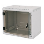 Rack de perete Triton sectiune simpla 18U 500mm adancime usa sticla panouri laterale fixe sectiuni ventilatie activa, sectiuni acces cabluri sus/jos/spate securizare cu cheie, 1 pereche montanti reglabili IP30 gri