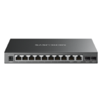 12-Port Gigabit Desktop Switch with 8-Port PoE+ PORT: 8× Gigabit PoE+ Ports, 2× Gigabit Non-PoE Ports, 2× Gigabit SFP Slots SPEC: Compatible with 802.3af/at PDs, 110 W PoE Power, Desktop Steel Case, Wall Mounting FEATURE: Extend Mode for 250m PoE Transmitting, Priority Port 1-2, Isolation Mode, PoE