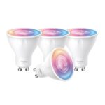Smart Wi-Fi Spotlight, Dimmable, 4-Pack SPEC: 2.4 GHz, IEEE 802.11b/g/n, GU10 Base, 220–240 V, 50/60 Hz, 350 lm, 3.7 W, 2,200 K~6,500K, 16 Million Colors, Beam Angle 40° , 4 kWh / 1000h, lifetime up to 15,000 hrs, Energy Efficiency Class E. FEATURE: 16 Million of Colors, Dimmable, No Hub