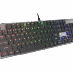 Tastatura gaming mecanica cu fir Genesis Thor 420 , iluminare RGB, switch Content Slim Blue, numar taste 104, 12 butoane multimedia, lungime cablu 165m, dimensiuni 418 x 113 x 24 mm, gri