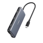 Hub 555 USB-C 8 in 1Anker, 1 x port de intrare USB-C Power Delivery 100W, 1 x port de date USB-C 10Gbps, 2 x porturi de date USB-A, 1 x HDMI 4K@60Hz Port Ethernet 1 Gbps, gri