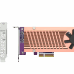 Qnap Dual M.2 22110/2280 PCIe NVMe SSD expansion card Connector: 2 x M.2 22110 or 2280 PCIe (Gen3 x 4) NVMe SSD slots PCIe and Lanes: PCIe Gen3 x 4 Bracket: Low-profile (default). Low- profile flat and Full-height brackets are also included.
