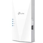 TP-link AX1800 Wi-Fi6 Range Extender, RE600X, Dual-Band, Standarde wireless: IEEE 802.11a/n/ac/ax 5GHz, IEEE 802.11b/g/n/ax 2.4GHz, interfata: 1 x 10/100/1000, Dimensiuni: 78×36×149 mm, 2 x antene interne, viteza wireless: 574 Mbps la 2.4GHz, 1201 Mbps la 5GHz.
