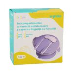 Bol compartimentat cu ventuza antialunecare si capac cu lingurita si furculita, mov, U-Grow - Image 4
