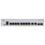 Switch  CISCO CBS250-8FP-E-2G, 8 PORTURI 10/100/1000, 2 x SFP, POE 120w, Buffer: 1.5 Mb, Flash 256Mb, CPU: 800 MHz ARM , DRAM: 512 MB Dimensiuni: 268 x 185 x 44 mm, Greutate: 1.53 Kg, Consum fara POE: 220V-16.68 W, cu POE: 145.26W, Fanless, Rack-mount.