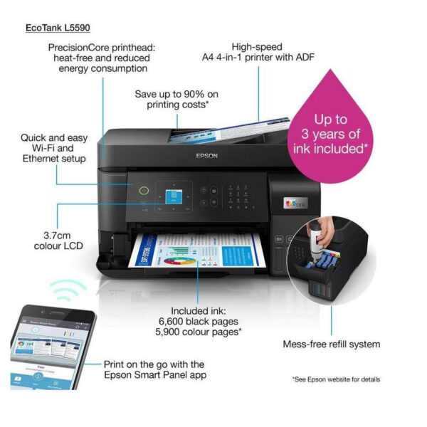 Multifunctional inkjet color CISS Epson L5590, (Print, Copy, Scan, Fax) dimensiune A4, 4 culori, viteza max  15ppm alb-negru, 8ppm color, rezolutie 1200x2400dpi, alimentare hartie 100 coli + 30 coli ADF,  Scanner CIS, 5ipm, Fax: 33.6kbps / Approx. 3 sec/page, memorie 100 pagini, interfata USB