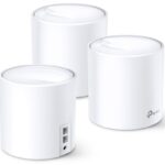 TP-Link AX5400 whole home mesh Wi-Fi 6 System, Deco X60(3-pack);  Standarde Wireless: IEEE 802.11 ax/ac/n/a 5 GHz, IEEE 802.11 ax/n/g/b 2.4 GHz, 2 LAN/WAN Gigabit Ethernet Ports, Qualcomm 1 GHz Quad-core CPU, 4 internal antennas per Deco unit, 2402 Mbps (5 GHz), 574 Mbps (2.4 GHz).