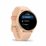 Ceas Garmin vívoactive 6 display AMOLED, dimensiune afisaj 30.4 mm, rezolutie afisaj  390 x 390 pixeli, memorie 8GB, autonomie până la 11 zile (5 zile cu afişajul permanent pornit) rezistanta la apa pana la 5 ATM, greutate: 23g, ramă Pink Dawn cu curea Bone, carcasă Pink Dawn Metallic şi curea