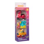 SET 3 VEHICULE ACTIONATE PRIN INERTIE- MASINUTA GALBENA, SCUTER ROSU, TREN ALBASTRU, MOMKI - Image 3