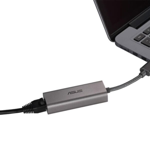 ASUS USB-C2500 Ethernet Adapter, Input USB 3.2 Gen1 Type-A, Output 100/1000/2500 Mbps RJ45 Port.
