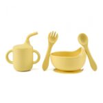 Set 4 piese diversificare din silicon: Cana cu pai, bol , lingurita si furculita, galben, U-Grow - Image 2