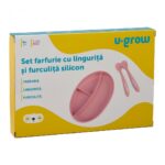 Set farfurie cu lingurita si furculita silicon, roz , U-Grow - Image 3