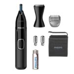 Trimmer pentru nas si urechi PHILIPS NT5650/16, Baterie, Lavabil, Utilizare umed si uscat, Tehnologie Precision Trim, Otel inoxidabil, Pieptene pentru sprancene , 2 piepteni 3-5 mm , Negru, L x A x I (mm) 36x100x190