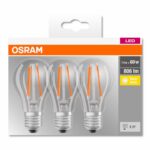 3 Becuri LED Osram Base Classic A, E27, 7W (60W), 806 lm, lumina calda (2700K), cu filament