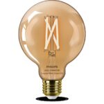 Bec LED inteligent vintage (decorativ) Philips Filament Globe Amber G95 ,Wi-Fi, Bluetooth, E27, 7W (50W), 640 lm, lumina alba (2000-5000K)
