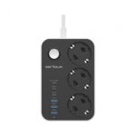 Prelungitor cu protectie Serioux SRXP-PS36B, 3 prize schuko Tensiune intrare: 100-240V, 50-60Hz Tensiune ieşire (total): 2500W – 10A 6 porturi USB (auto max): 15.5W USB-C2/C3/A1/A2/A3 - 12W USB-C1-20W Amperaj port USB (max): 3.4A Funcţie auto ID