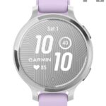 Ceas Garmin Lily 2 Active, display AMOLED, dimensiune afisaj 25,4 mm x 21,3 mm, rezolutie afisaj 240 x 201 pixeli, memorie 8GB, autonomie pana la 9 zile, rezistanta la apa pana la 5 ATM, greutate: 24,4g, ramă Argintiu, şi curea Purple Jasmine din silicon
