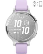 Ceas Garmin Lily 2 Active, display AMOLED, dimensiune afisaj 25,4 mm x 21,3 mm, rezolutie afisaj 240 x 201 pixeli, memorie 8GB, autonomie pana la 9 zile, rezistanta la apa pana la 5 ATM, greutate: 24,4g, ramă Argintiu, şi curea Purple Jasmine din silicon