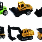 MACHETA DIE CAST, SET 6 UTILAJE, SCARA 1/64, 7.5CM, DIVERSE MODELE SI CULORI- INCARCATOR, COMPACTOR, BULDOZER, BETONIERA, EXCAVATOR SENILE, BASCULANTA- ALB, BLEU,NEGRU SI GALBEN