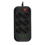 Prelungitor cu protectie Serioux, 6 prize schuko, input 100-240V, 50- 60Hz, output (Total): 2500W - 10A, 4 porturi USB, 4 porturi USB (5V- 3.1A) (Auto Max) 17W, Amperaj port USB (max) 3.4A, functie auto ID, antistatic, buton power/off, lungime cablu 2m,negru, SRXP-PS66B