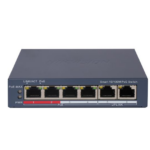 Switch PoE Hikvision DS-3E1106P-EI: 4 × 10/100 Mbps PoE port,2 × 10/100 Mbps RJ45 port, 4 porturi PoE maxim 30W, buget PoE 60W, tensiune alimentare 65 W, dimensiuni: 121.1 mm × 27.6 mm × 83.1 mm, greutate: 0.270kg, montare pe birou sau pe perete.