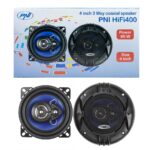 Difuzoare auto coaxiale PNI HIFI400, 80W, 4 Ohm, 10 cm, 3 cai, Injection Core cu diametru 100mm, set 2 buc, Raspuns in frecventa:  100 - 20000 Hz, 3 cai, Sensibilitate: 88 dB, 15 mm Piezo Tweeter, 30 mm Mylar Dome Tweeter, Grile protectie, Cablaj montaj.