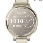 Ceas Garmin Lily 2 Active, display AMOLED, dimensiune afisaj 25,4 mm x 21,3 mm, rezolutie afisaj 240 x 201 pixeli, memorie 8GB, autonomie pana la 9 zile, rezistanta la apa pana la 5 ATM, greutate: 24,4g, ramă MLunar Glod şi curea Bone din silicon