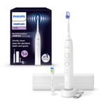 Periuta de dinti electrica Philips Sonicare HX7410/02, 62.000 miscari/minut, autonomie 21 zile, 3 mod de periere,3 intensitati, senzor presiune luminos, functia BrushSync, capat de periere Optimal White, capat de periere Senstive, toc transport, alb