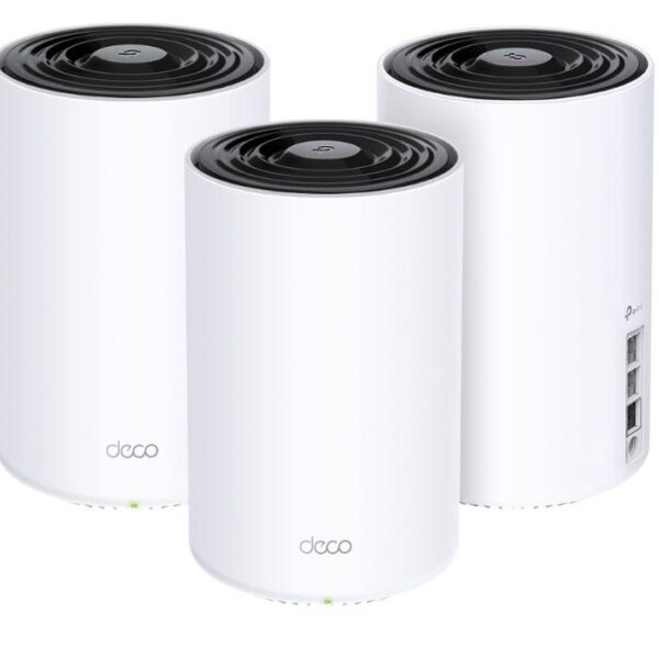 TP-Link AX6000 whole home mesh Wi-Fi 6 System, Deco X80(3-pack); Dual- Band, Standarde Wireless: IEEE 802.11ax/ac/n/a 5 GHz, IEEE 802.11ax/n/b/g 2.4 GHz, viteza wireless: 5 GHz: 4804 Mbps, 2.4 GHz: 1148 Mbps, Locuințe cu 4-7+ camere, 4×4 MU-MIMO, interfata: 1× Port de 2.5 Gbps + 2× Porturi Gigabit.