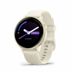Ceas Garmin vívoactive 6 display AMOLED, dimensiune afisaj 30.4 mm, rezolutie afisaj  390 x 390 pixeli, memorie 8GB, autonomie până la 11 zile (5 zile cu afişajul permanent pornit), rezistanta la apa pana la 5 ATM, greutate: 23g, ramă Lunar Gold cu curea Bone, carcasă Light Sand şi curea din