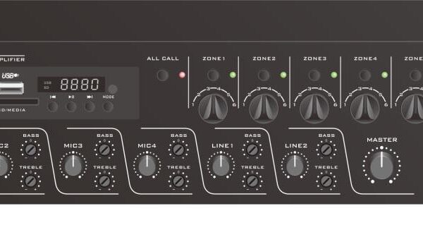 Mixer amplificator cu 6 zone de reglaj ITC TI-2406S, pentru sisteme de Public Address (PA), putere 240W @100V, MP3(USB/SD)+FM Tuner si Bluetooth, 4 x intrari de microfon, 2 x intrari de linie, 1 x intrare EMC, 1 x intrare TEL, Chime integrat, 5 functii prioritare, intrare backup 24VDC, dimensiuni