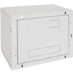 Rack de perete Triton seciune simpla 4U 600mm adancime usa sticla panouri laterale fixe sectiuni ventilatie activa, sectiuni acces cabluri sus/jos/spate securizare cu cheie, 1 pereche montanti reglabili IP30 gri
