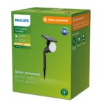 Spot LED solar pentru exterior cu spike Philips JIVIX, 1.4W, 4V, 150 lm ,lumina calda (2700K), IP44, 323x151x105mm, Negru