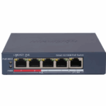 Switch 4 porturi PoE Hikvision DS-3E1105P-EI, L2, Smart Managed, 4 × 100 Mbps PoE RJ45 ports, si 1 × 100 Mbps network RJ45 port, Putere PoE 60 W, maxim 30W per port, Extend mode - pana la 300 metri, material metal, dimensiuni: 105 mm × 27.6 mm × 83.1 mm,