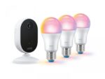 Pachet WiZ Connected cu 3 Becuri LED RGB inteligente A60, Wi-Fi, E27 ,8.5W (60W), 806 lm, lumina alba si color (2200-6500K) + Camera videoWi-Fi (2,4GHz), 1080P, 30 FPS, vedere nocturna - 5M, cu detectiamiscarii, obiectelor si a persoanelor, microfon inclus, discutie in 2sensuri