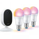 Pachet WiZ Connected cu 3 Becuri LED RGB inteligente A60, Wi-Fi, E27 ,8.5W (60W), 806 lm, lumina alba si color (2200-6500K) + Camera videoWi-Fi (2,4GHz), 1080P, 30 FPS, vedere nocturna - 5M, cu detectiamiscarii, obiectelor si a persoanelor, microfon inclus, discutie in 2sensuri