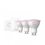 Pachet 3 Becuri LED RGB inteligente Philips Hue Spot, Bluetooth, GU10 ,5W(35W), 350 lm, lumina alba si color (2000-6500K), Consola Hue Bridge+Intrerupator cu variator incluse