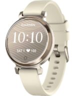 Ceas Garmin Lily 2, display AMOLED, dimensiune afisaj 35.4 mm, rezolutie afisaj 240 x 201 pixeli, memorie 8GB, autonomie pana la 5 zile, rezistanta la apa pana la 5 ATM, greutate: 24,4g, ramăCrem auriu, curea cafenie din material textil