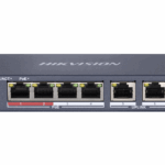 Switch Hikvision DS-3E0106P-E-M, Switching capacity 1.6 Gbps, 4 x 10/100Mbps PoE ports, and and 2 × 10/100Mbps RJ45 ports, MAC address table 4 K, PoE power budget 35 W, Internal cache 768 Kbits, 6 KV surge protection for PoE ports, Up to 300 m long-range transmission, dimensiuni: 145 mm ×