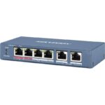 Switch 4 porturi PoE Hikvision DS-3E1106HP-EI 4 × 100 Mbps PoE RJ45 ports, 2 × 100 Mbps network RJ45 ports,IEEE 802.3at/af/bt standard for PoE ports,6 KV surge protection,AF/AT camera can reach up to 300 m in extend mode,Switching Capacity 1.2 Gbps, Packet Forwarding Rate 0.8928 Mpps,PoE Power