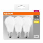 3 Becuri LED Osram Base Classic A, E27, 10W (75W), 1055 lm, luminacalda(2700K)