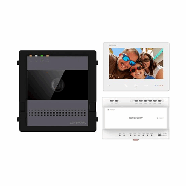 Kit videointercom IP Hikvision DS-KIS704EY/AL; kit-ul contine: 1x DS- KH7300EY-WTE2/WH, 1x DS-KD-ACW1, 1x DS-KD7003EY-IME2/AL, 1x DS- KSD7040EY, 1x 36W DIN RAIL PSU, 1x 32GB TF CARD, caracteristici post exterior: 2MP HD camera, IR, WDR, microfon inclus, difuzor inclus, 1 buton, alimentare: 12 VDC