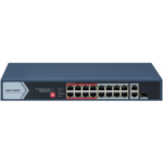 Switch PoE Hikvision DS-3E0318P-E/M(C): 16 × 10/100 Mbps PoE port,1× Gigabit RJ45 port,1 × Gigabit combo, 16 porturi PoE maxim 30W, buget PoE 130W, tensiune alimentare 100~240 V AC, 50/60 Hz, Max. 2.5 A., dimensiuni: 335.0 mm × 44.5 mm × 175.8 mm, greutate: 1.8kg, montare pe birou sau pe