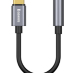 Cablu Adaptor Baseus, 1 x USB Type-C (T) la 1 x Jack 3.5mm (M), lungime cablu brodat 12 cm, gri