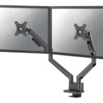 Brat dublu pentru monitor Neomounts, tip full motion, pentru display-uri cu diagonale 17"-32", sistem de prindere VESA 75x75~100x100mm, greutate maxima suportata 9 kg per ecran, tilt +45°, -45°, swivel +90°, -90°, rotate +180°, -180°, reglabil pe inaltime 21,5-49,5 cm, ajustarea latimii 11.4 cm