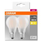 2 Becuri LED Osram Base Classic A, E27, 7W (60W), 806 lm, luminacalda(2700K), semi-transparent