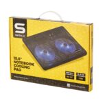 Cooling pad Serioux, SRXNCP007, Dimensiuni: 340*250*23mm, Compatibilitate maxima laptop: 15.6 inch, Dimensiune ventilator: 2 x 125 *125*15mm, Nivel zgomot: 10dB, Flux aer: 20CFM, Tensiune alimentare: DC 5V, Viteza rotatie maxima: 1500RPM, Iluminare LED: Albastru, Greutate neta: 0.455Kg