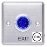 Buton de iesire cu infrarosu waterproof, incastrabil, ND-EB35, Iesire contact:NO/NC; Icon: Hand, IP68,  LED stare Bi-color: albastru- verde; material otel inoxidabil, distanta actionare: pana la 10cm,  dimensiuni: 86x86x20mm