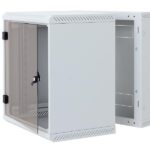 Rack de perete Triton sectiune simpla 9U 600mm adancime usa sticla panouri laterale fixe sectiuni ventilatie activa, sectiuni acces cabluri sus/jos/spate securizare cu cheie, 1 pereche montanti reglabili IP30 gri